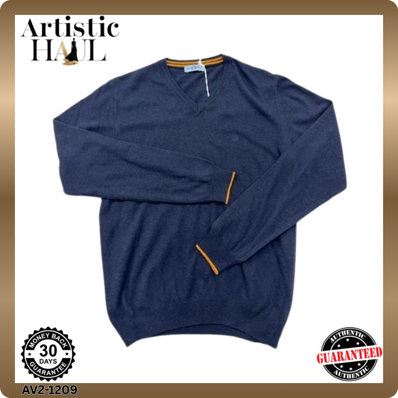 Harmont & Blaine Men's Navy V-Neck Sweater L Orange Trim Long Sleeve
