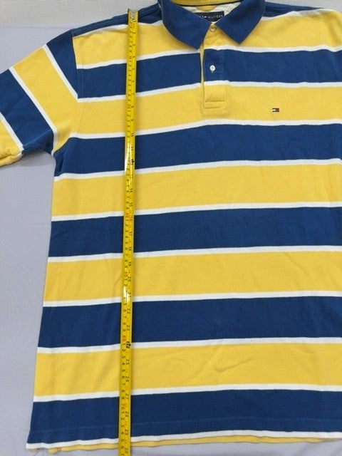 Tommy Hilfiger Men's Navy Yellow Striped Polo Shirt Size L Cotton