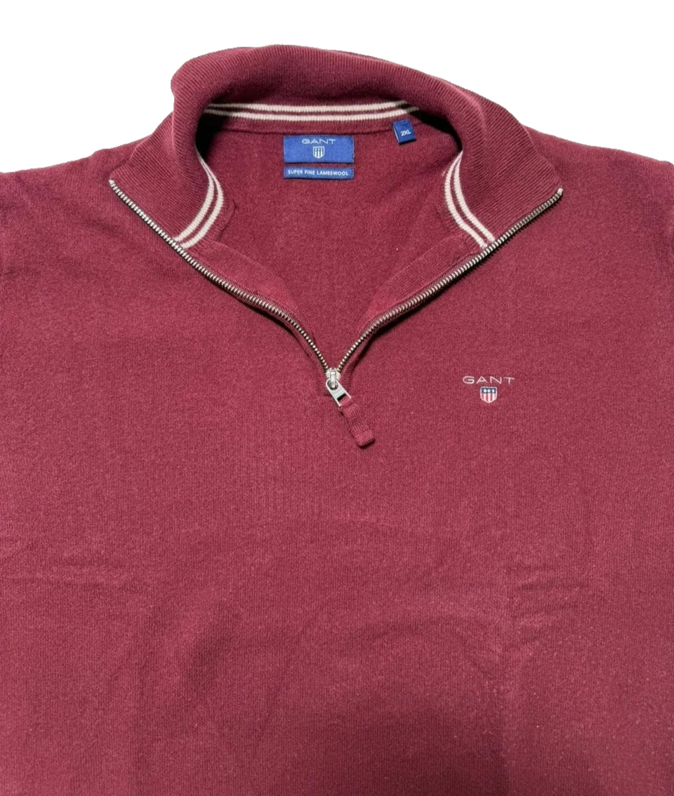 Men Gant 100% Lambswool Half Zip Sweater Burgundy Men's Size 2Xl