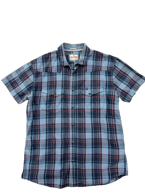 Wrangler 1947 Men's M Blue Plaid Western Short Sleeve Pearl Snap Shirt
