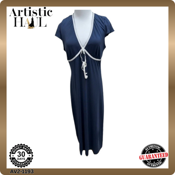 Area Stars Navy V-Neck Midi Dress L Side Tie Women Short Sleeve