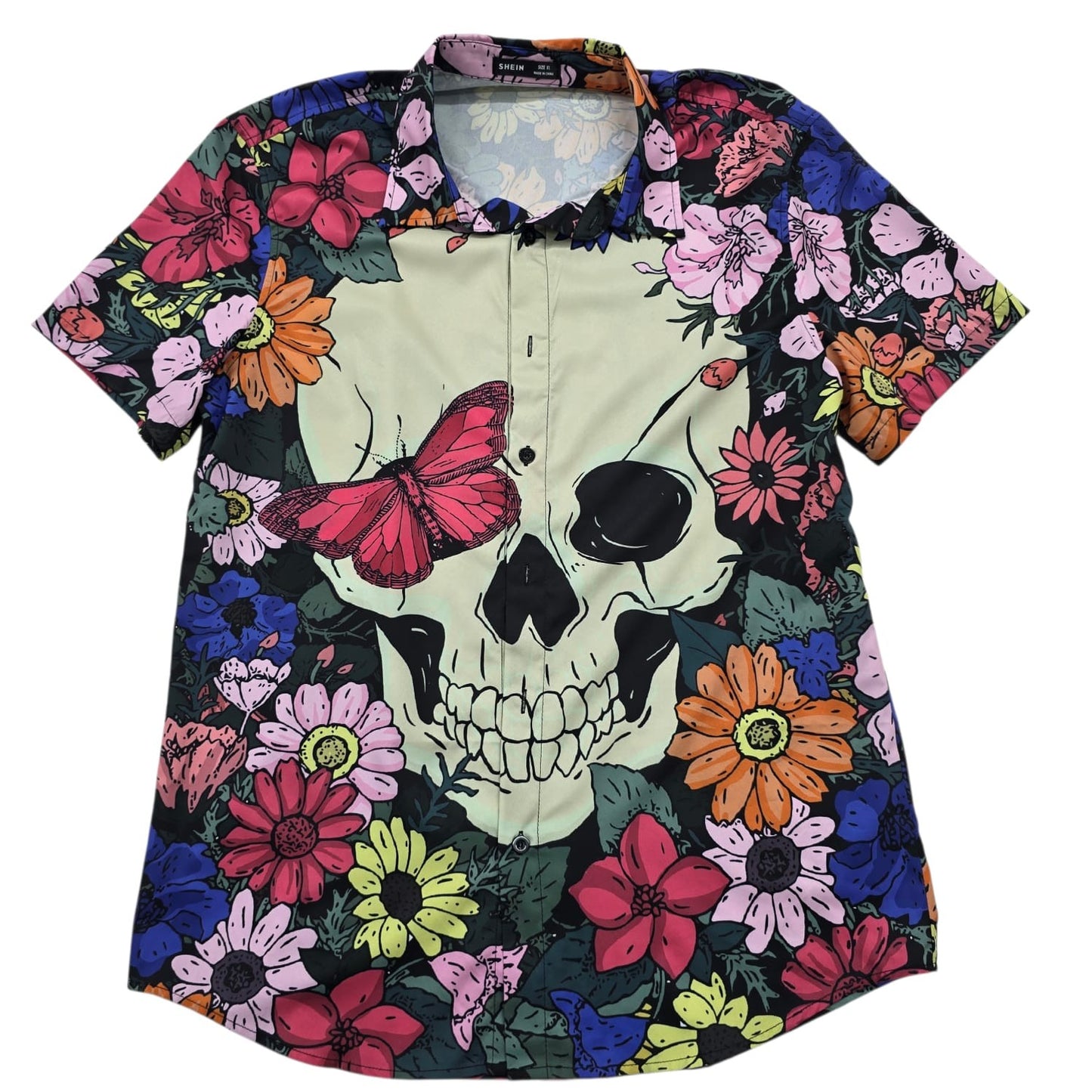 SHEIN Women's Multi-Color Skull Butterfly Floral Button-Up XL