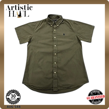 Polo Khaki Short Sleeve Button-Down Shirt 15.5 Custom Fit Cotton