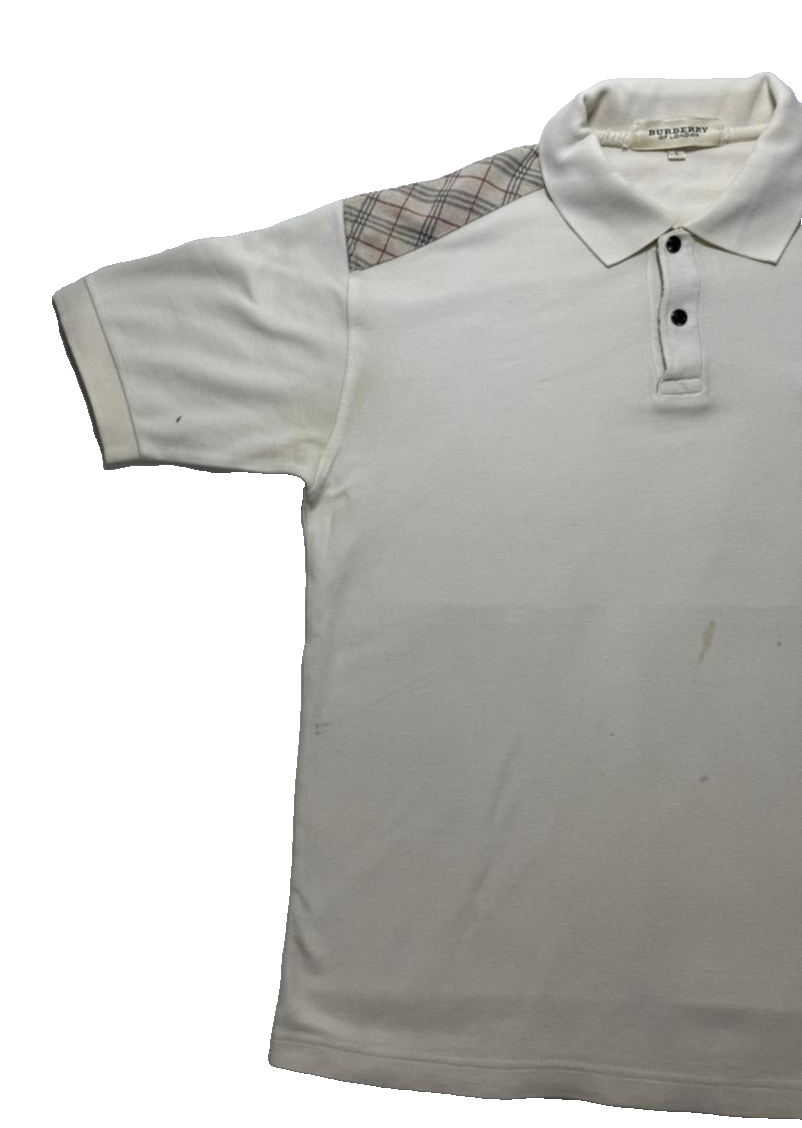 Burberry Of London Polo Shirt White Beige Nova Check Shoulder - Size S