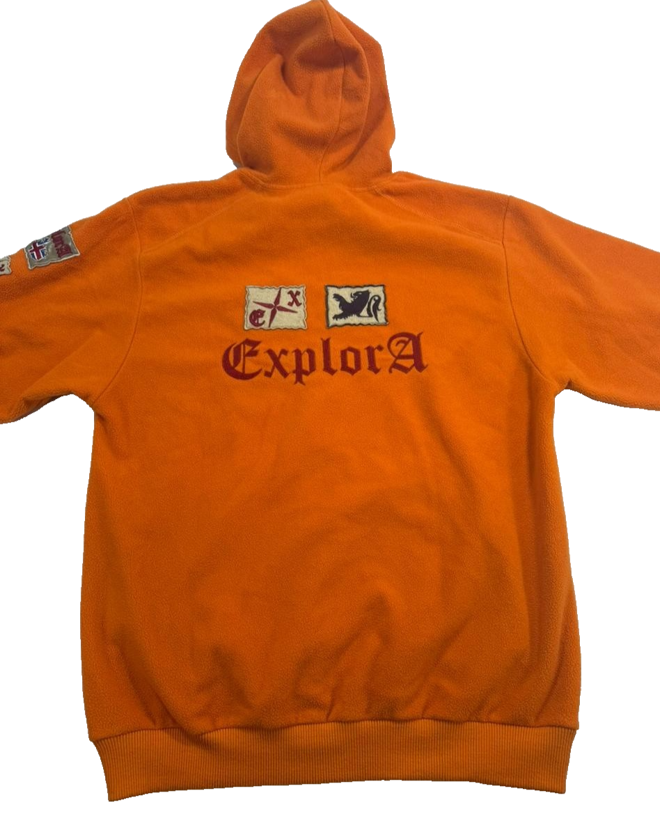 Explora Men's Orange Fleece Hoodie Quarter Zip Pullover Embroidered Patch XL