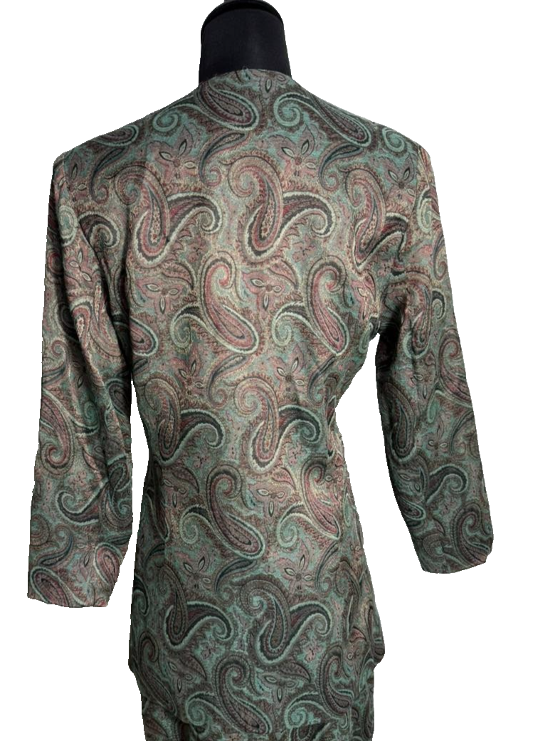 Vintage Paisley Printed Set Top And Skirt Green Brown Retro Women's Size 12