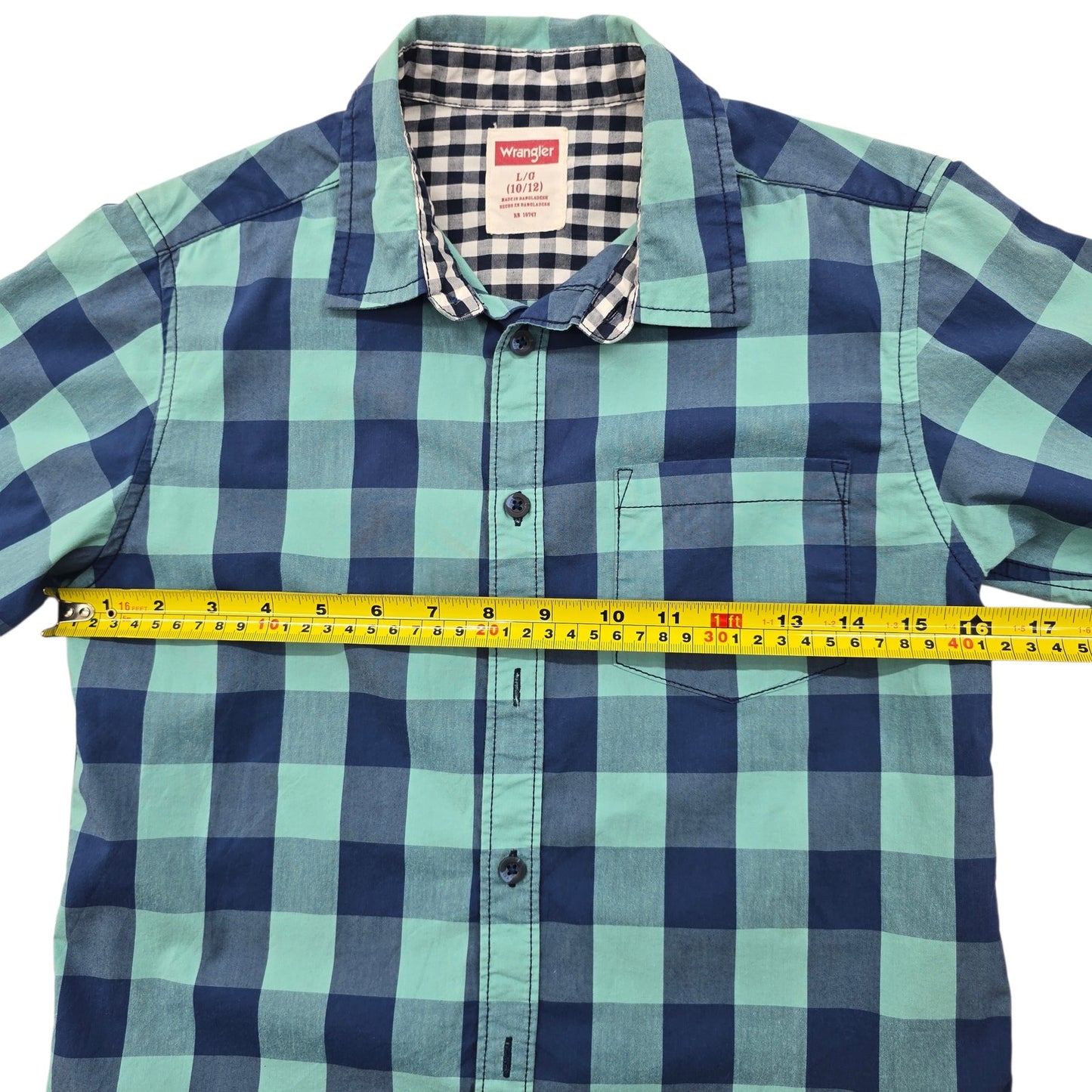 Wrangler Boys Gingham Check Short Sleeve Button-Up Shirt L Turquoise