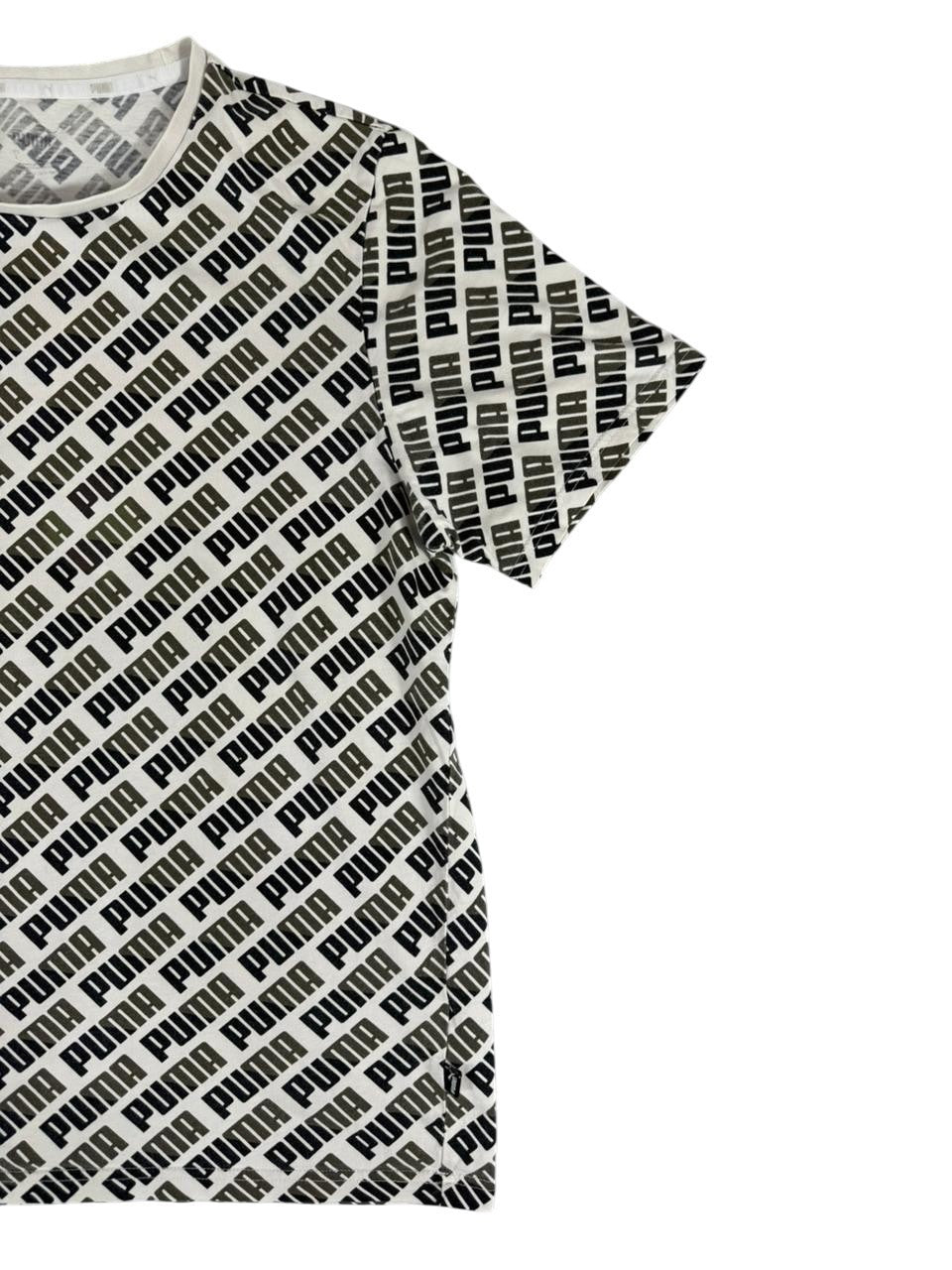 Puma Men's All Over Logo Print T-Shirt Black White Short Sleeve US Large Tag Fade