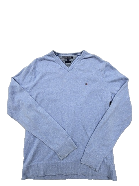 Tommy Hilfiger Men's Light Blue V-Neck Cable Knit Sweater L Pima Cotton Cashmere