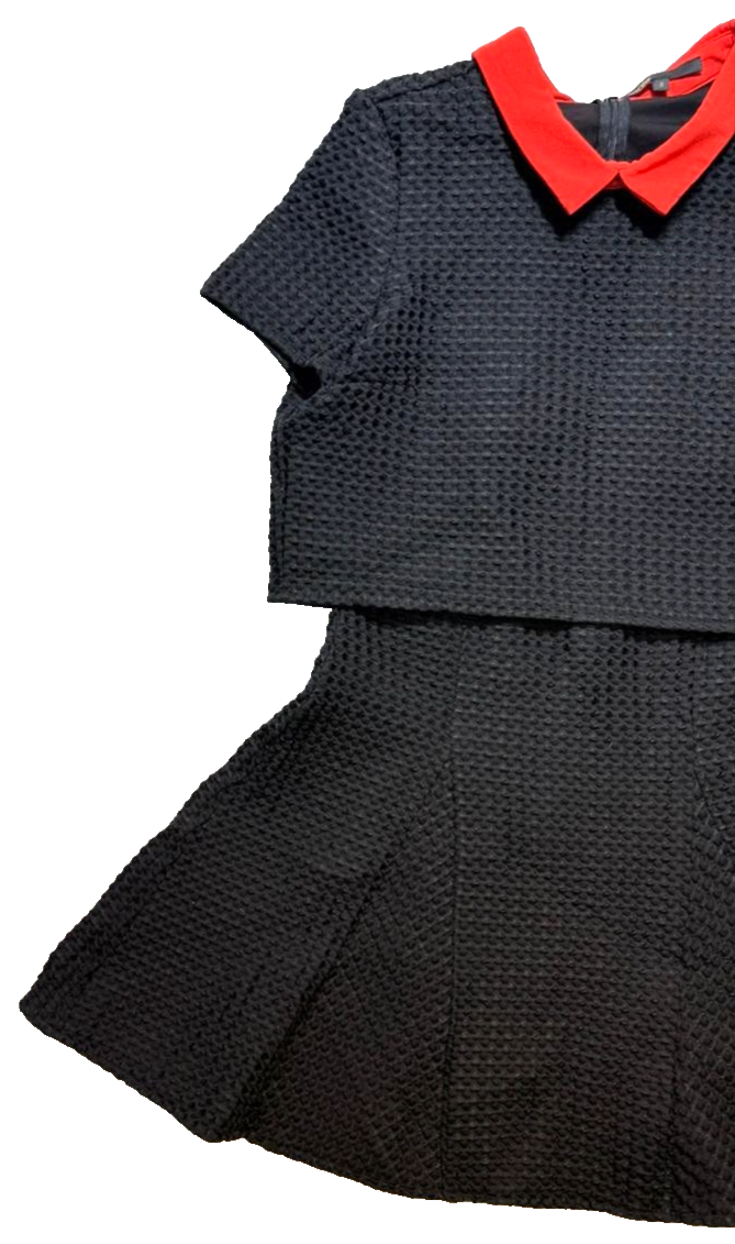 Maje Black Textured Knit Dress With Red Collar Short Sleeve Fit & Flare - Size 3