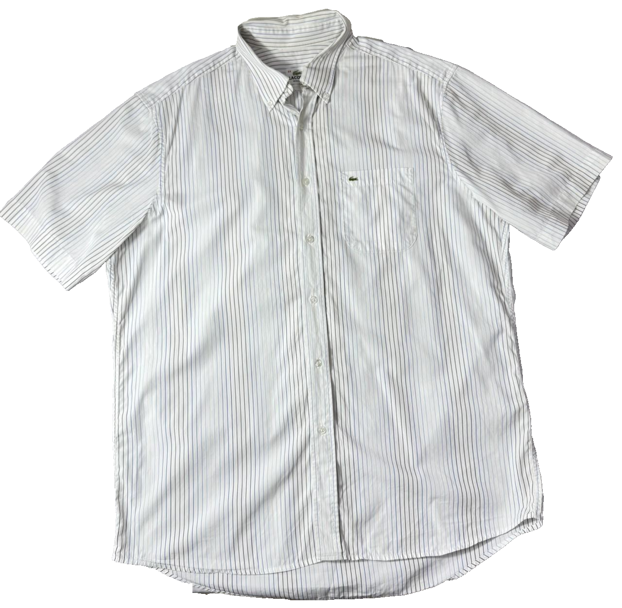 Lacoste Men's White Blue Striped Short Sleeve Button Down Shirt Size 44