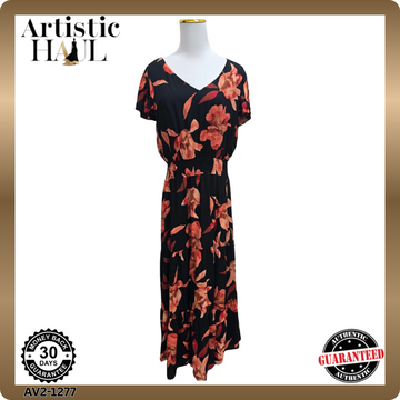 Nanette Lepore Black Orange Floral Maxi Dress Size 14 V-Neck
