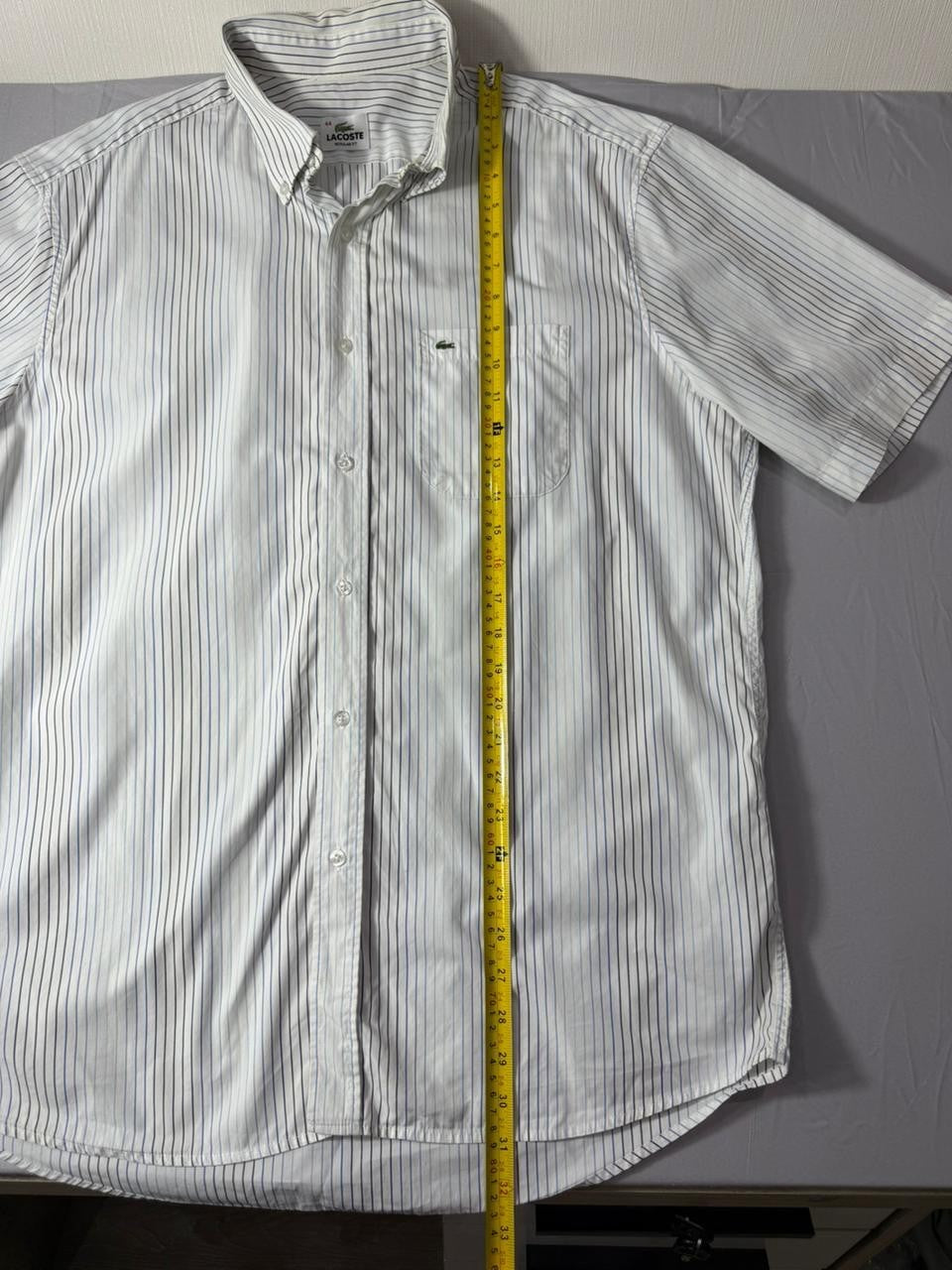 Lacoste Men's White Blue Striped Short Sleeve Button Down Shirt Size 44