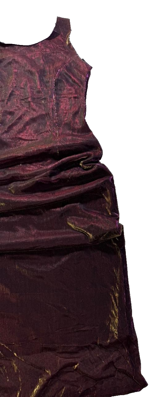 Vintage Metallic Sheer Sleeveless Dress Burgundy Gold Purple Shimmer Overlay