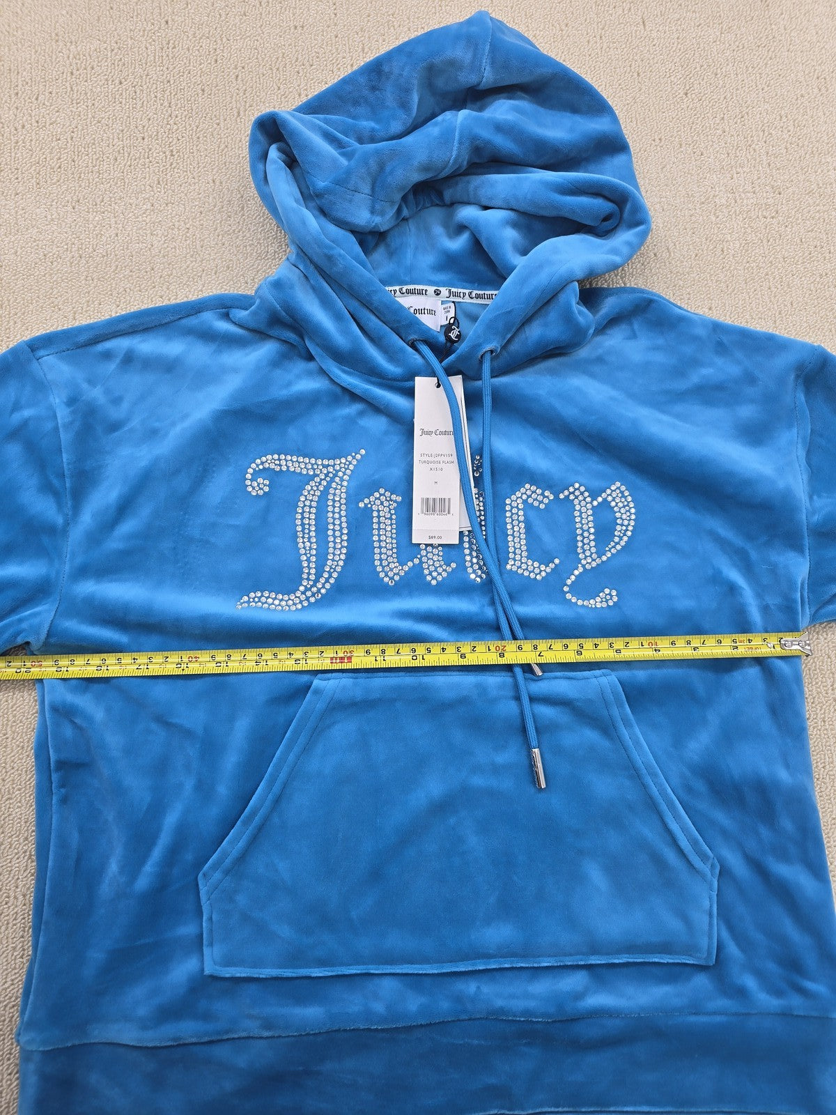 Juicy Couture Icons Velour Pullover Hoodie M Regal Blue Y2K Rhinestone
