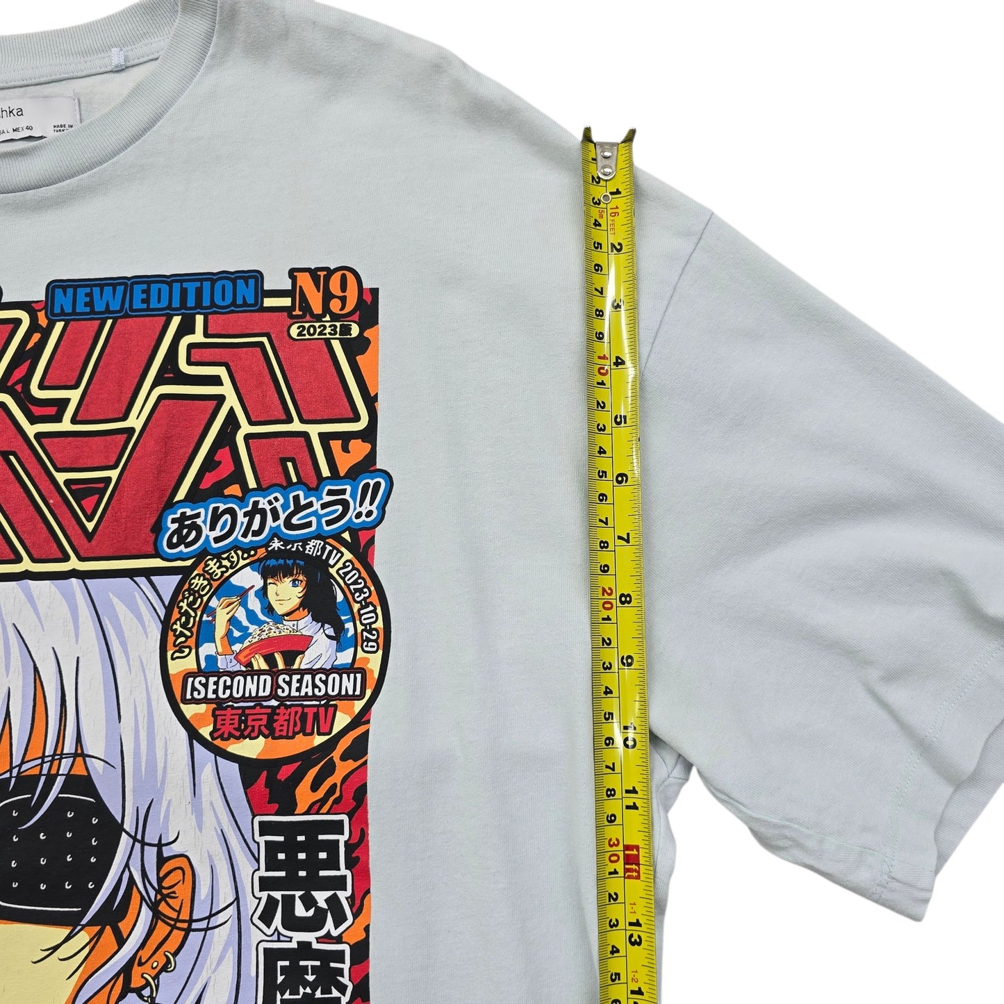 Bershka Men's Light Blue Anime Graphic T-Shirt Size L