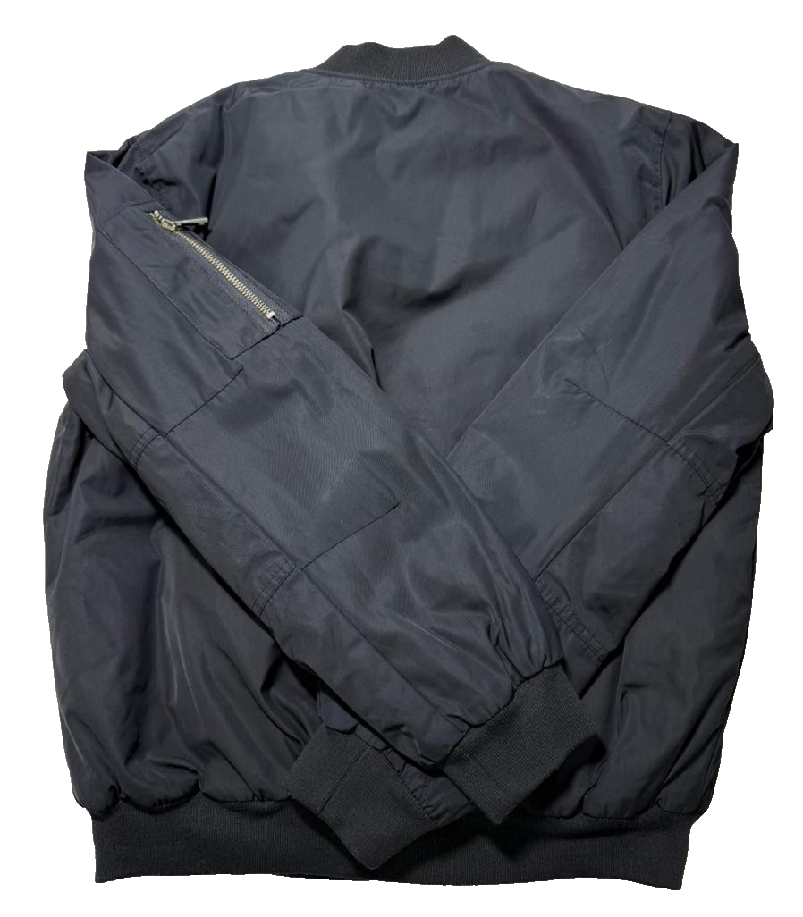 Classic Black Bomber Jacket Orange Lining Full Zip Pockets - Size M