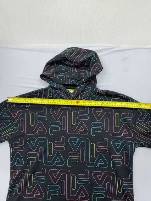 Fila Kids Black Neon Logo Hoodie Size 13-14 Retro All-Over Print