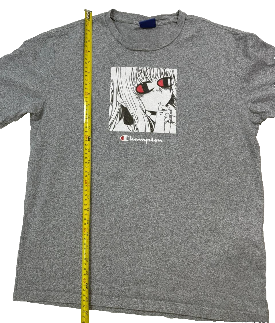Gray Champion Crewneck T-Shirt With An Anime Graphic Print - Size M