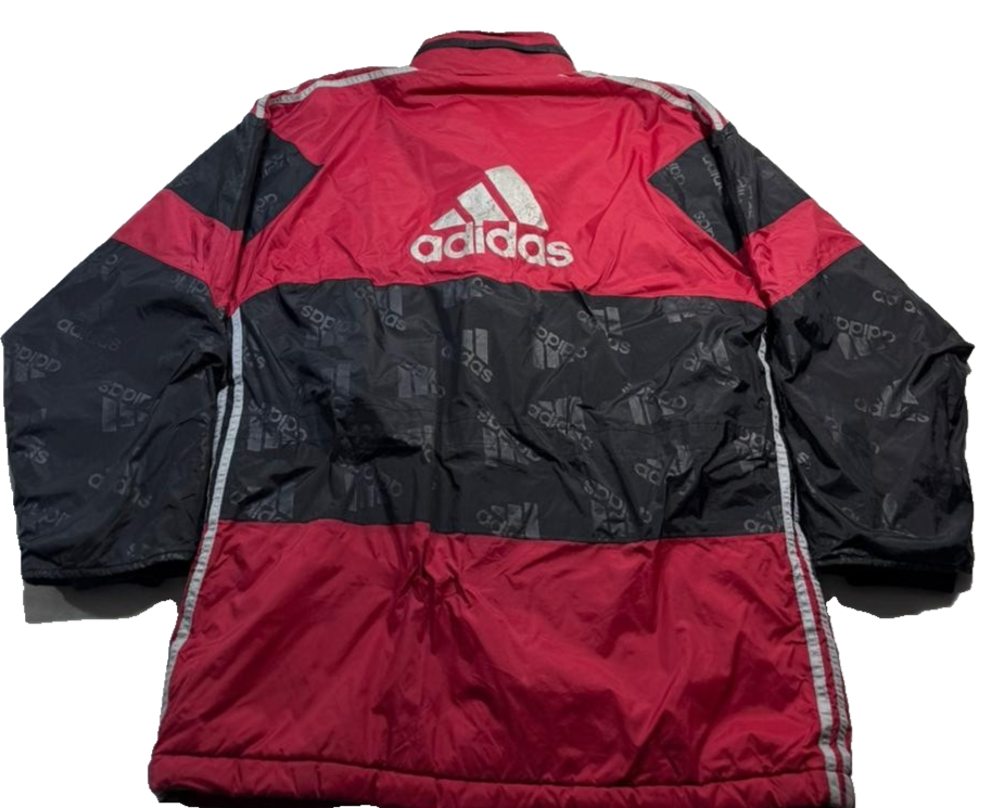 Vintage 90S Adidas Puffer Jacket Parka Coat Red Black All-Over Logo Print Size M