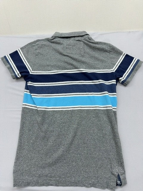 Vintage Superdry Men's Gray Polo Shirt – Size M, Striped, Short Sleeve