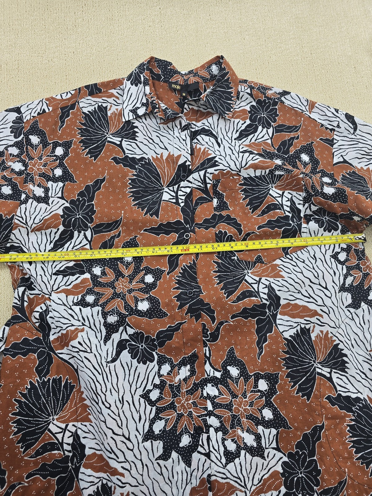 Maje Women's Brown Black Floral Collared Short Sleeve Shirt Size 38