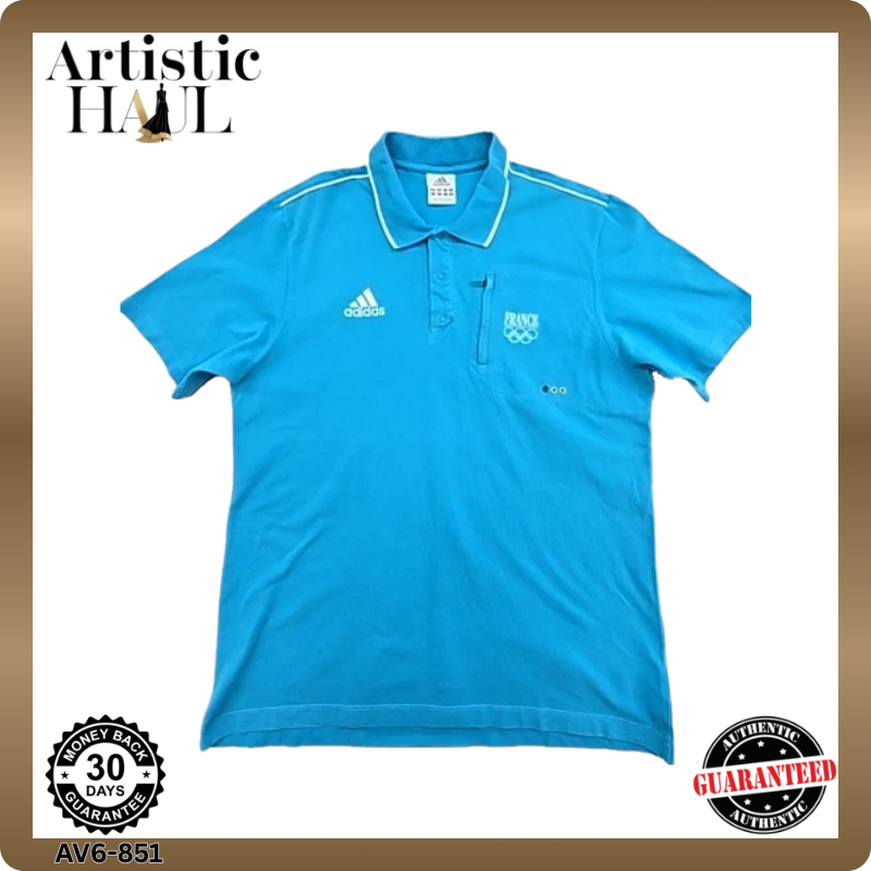 Adidas Olympic Blue Polo Shirt Men's L Short Sleeve Button
