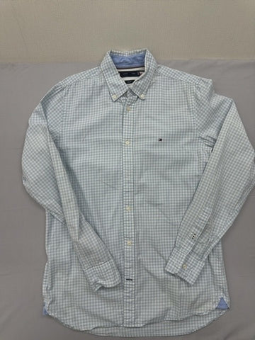 Tommy Hilfiger Men's Light Blue Gingham Slim Fit Long Sleeve Cotton Shirt M