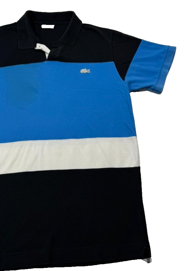 Lacoste Men's Block Stripe Black Blue White Polo Shirt Short Sleeve Size 4