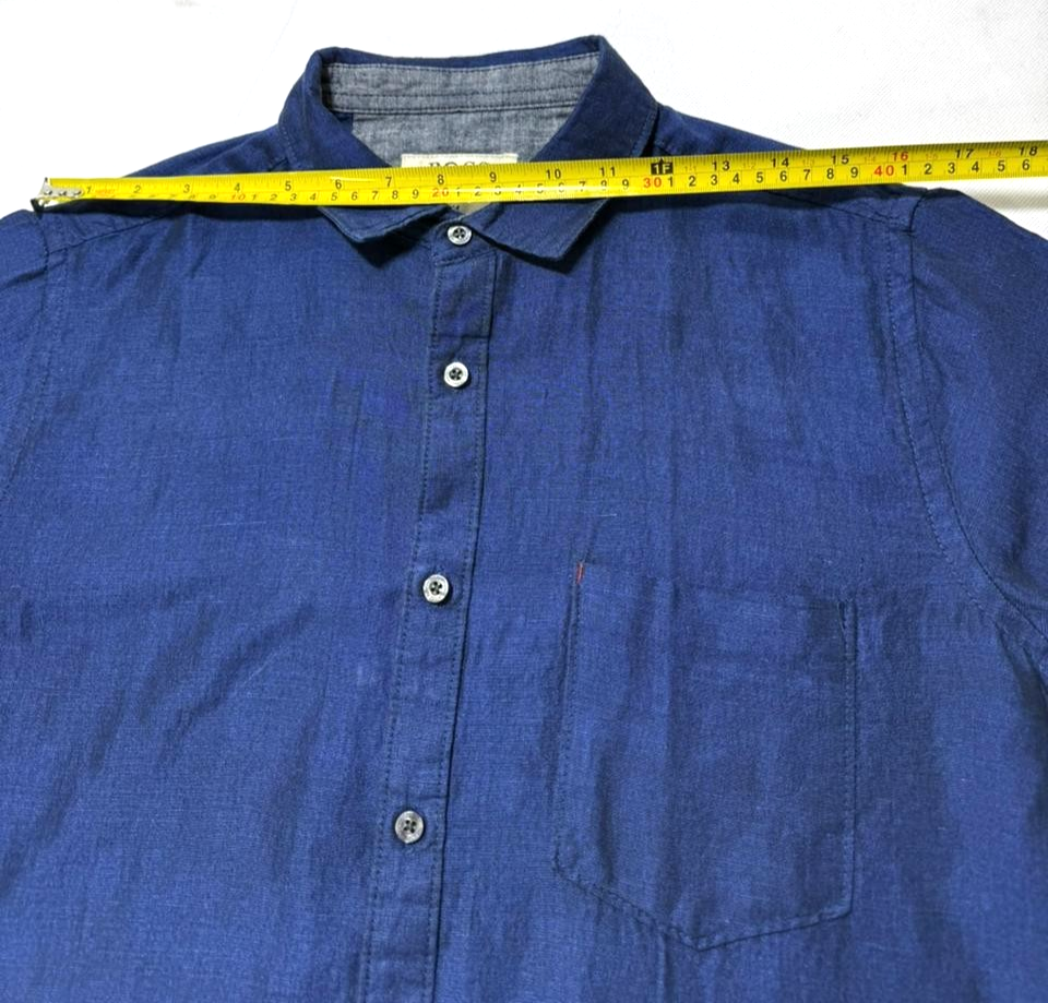 Boss Regular-Fit Short-Sleeve Button-Down Shirt In Blue Linen - Size M