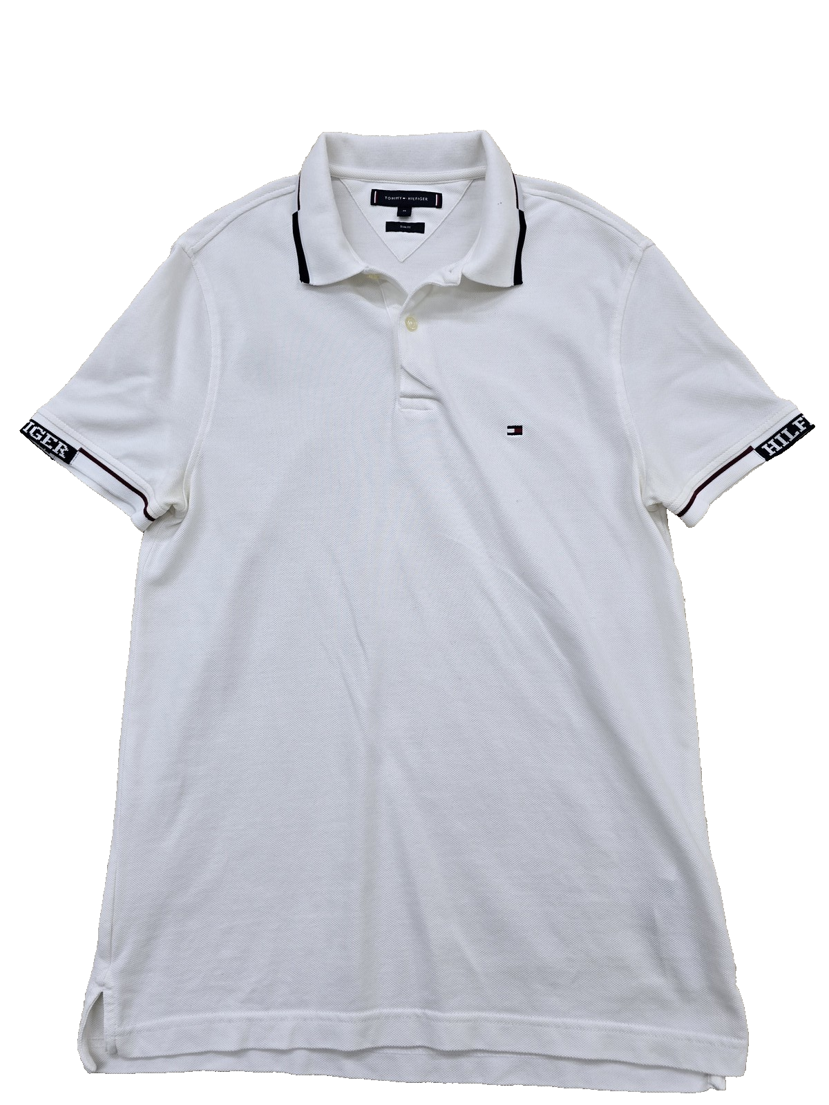 Tommy Hilfiger Men's White Slim Fit Short Sleeve Polo M Cotton Pique Flag Tipped
