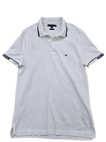 Tommy Hilfiger Men's White Slim Fit Short Sleeve Polo M Cotton Pique Flag Tipped