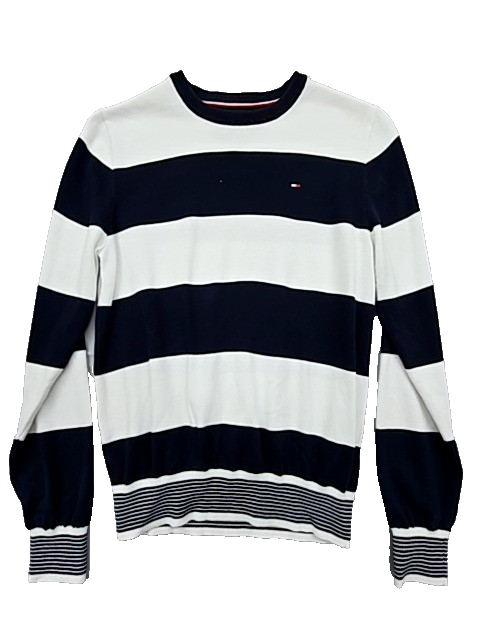 Tommy Hilfiger Unisex Navy Blue White Striped Cotton Crew Sweater XSP
