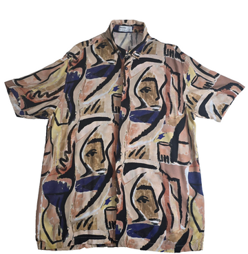 Bershka Men’s Large Abstract Face Print Button Up Shirt Short Sleeve Multicolor