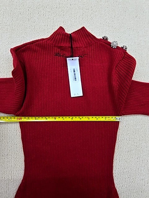 Karl Lagerfeld Red Midi Mock Neck Dress L Rib Knit Cut Out Logo