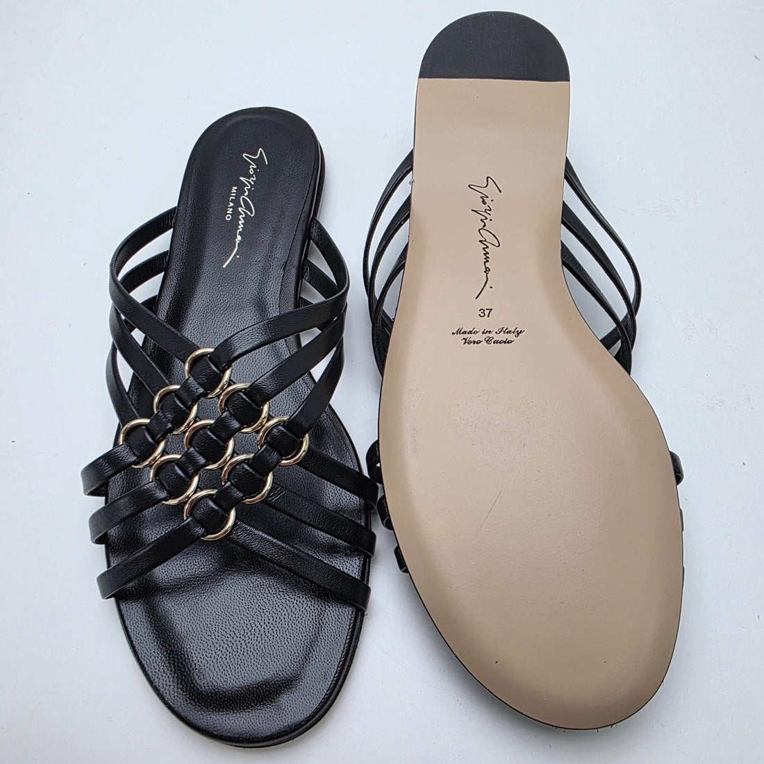 Giorgio Armani Black Crossed Leather Sandals With Gold-Tone Rings - Size 37 Bnwt