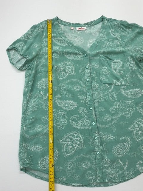 John Baner Women's Green Paisley V-Neck Blouse Size 16