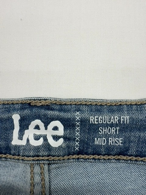 Lee Men's Blue Denim Short Mid Rise Size 14 Regular Fit Logo Patch