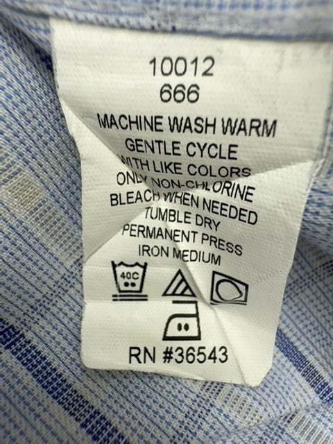 Chaps Blue White Plaid Long Sleeve Button-Down Dress Shirt 15.5 Wrinkle Free