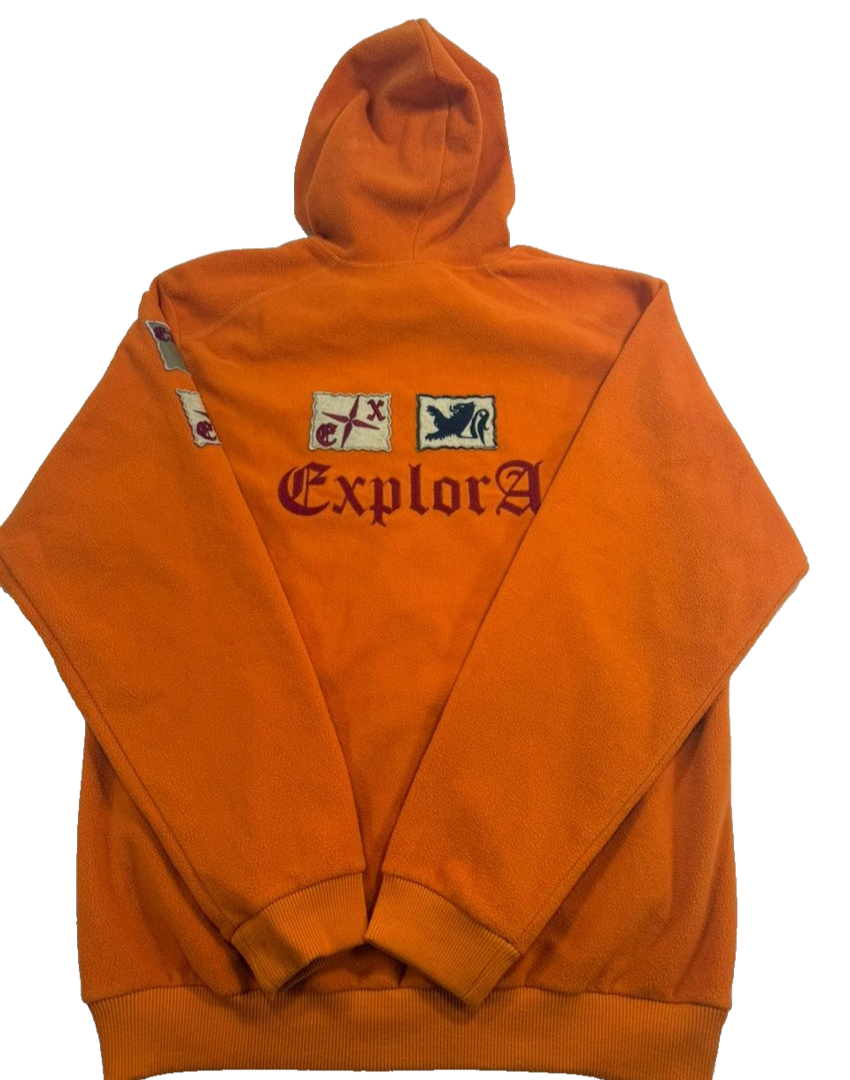 Explora Men'S  Orange Fleece Hoodie Quarter Zip Pullover Embroidered Patch Xl