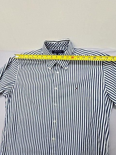 Tommy Hilfiger Men's Navy White Stripe Short Sleeve Oxford Shirt L