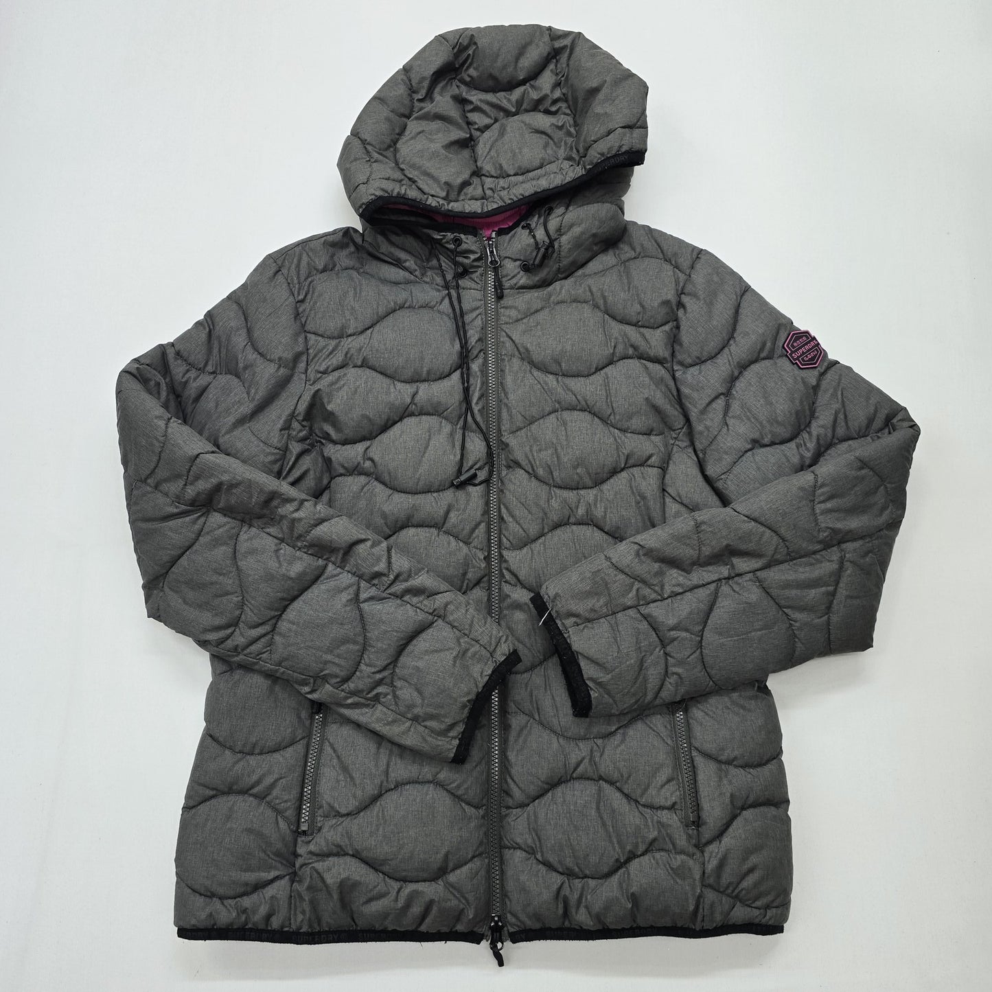 Superdry Boys Gray Puffer Jacket Hooded Quilted Full Zip Size M Midweight