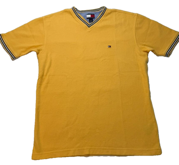 Tommy Hilfiger Yellow V-Neck T-Shirt Men's M 100% Cotton Retro Style
