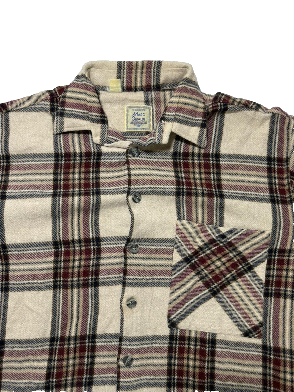 Marc Gibaldi Plaid Flannel Shirt Beige Red Check Long Sleeve Men's Casual Top XL