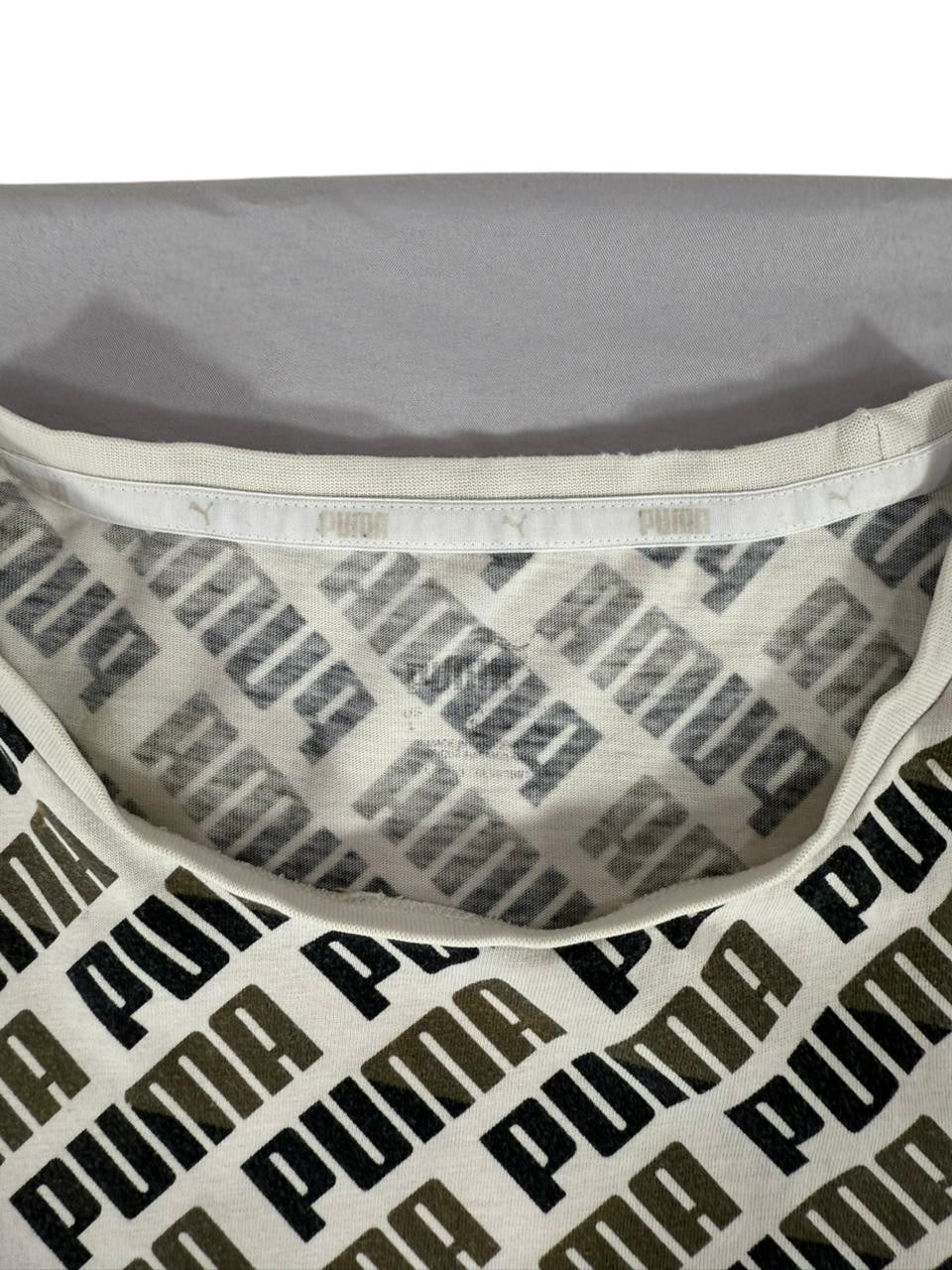 Puma Men's All Over Logo Print T-Shirt Black White Short Sleeve US Large Tag Fade