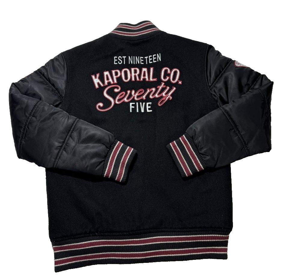 Kaporal K5 Varsity Bomber Jacket Black Men's Size 14 Patch Logo Puff Sleeves