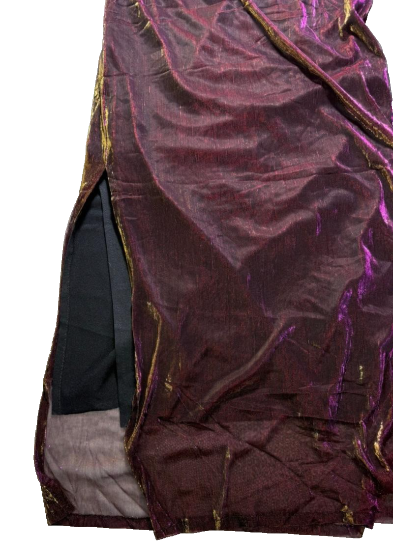 Vintage Metallic Sheer Sleeveless Dress Burgundy Gold Purple Shimmer Overlay