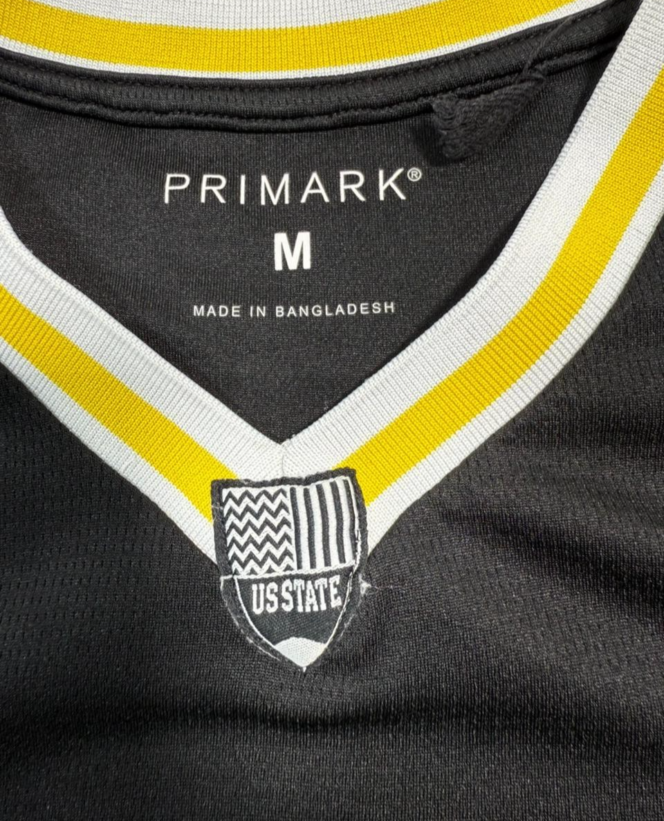 Primark Men's Black Louisiana 22 Soccer Jersey Yellow White Stripes V-Neck S/M