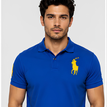 Polo Ralph Lauren Men's Royal Blue Piqué Polo – Yellow Big Pony Logo | Pre-Loved Size L | Artistic Haul