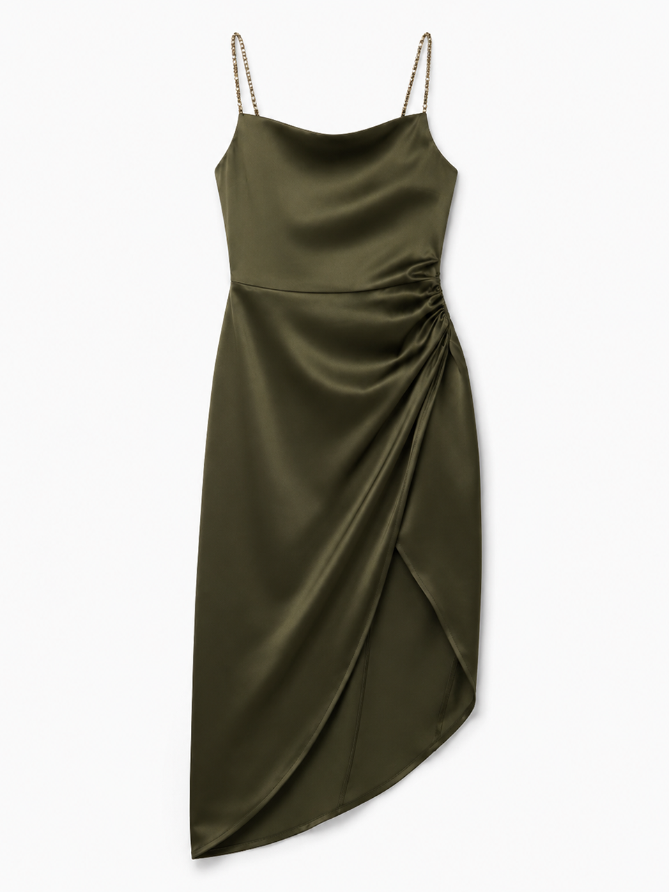 Zara Women's Satin Effect Beaded Slip Midi Dress Small Green Khaki Nwot